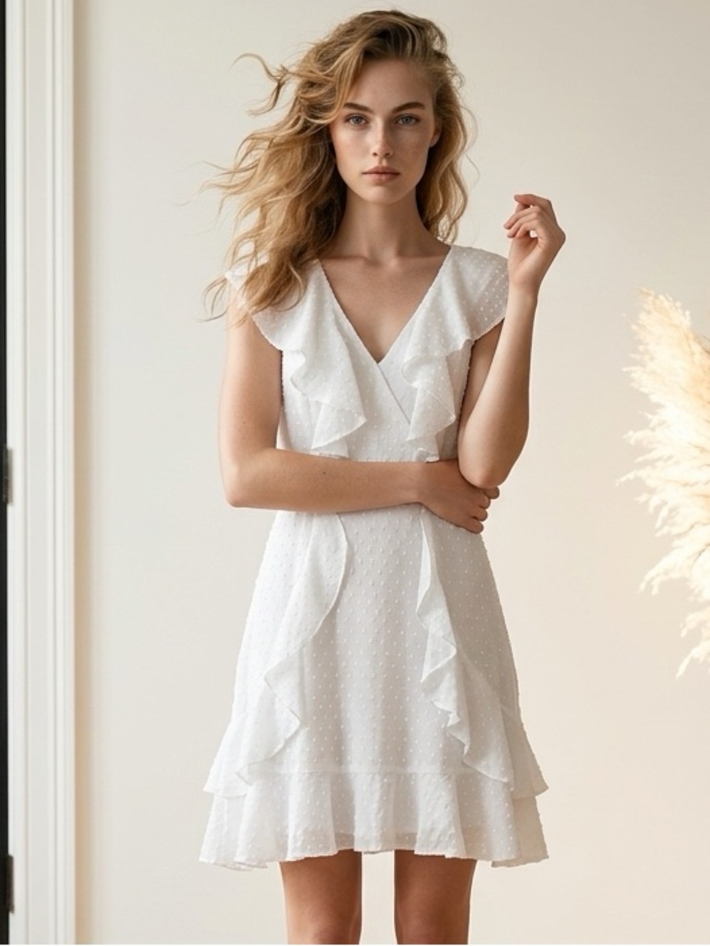 White Ruffle V-Neck Summer Dress